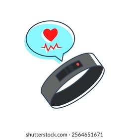 smart fitness tracker with heart rate monitor. a speech bubble containing a heart symbol and an electrocardiogram (EKG) line is displayed, indicating its function to monitor heart rate