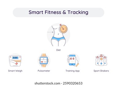 Smart Fitness Tracking – Digital Tools for Effective Health and Workout Monitoring icons set with editable stroke.