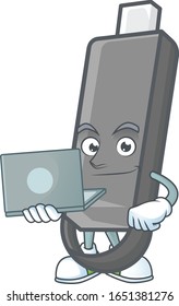 A smart flashdisk mascot icon working with laptop