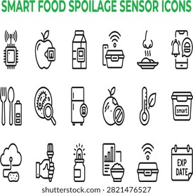 Smart food spoilage sensor and preservation icons with smart kitchen spoilage freshness preservation technology monitoring refrigerator analysis nutrition temperature wireless connectivity