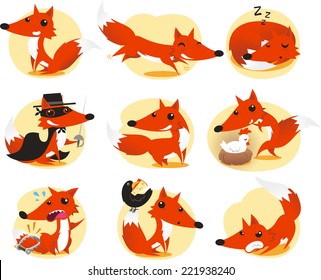 smart Fox cartoon in action set, vector illustration. 