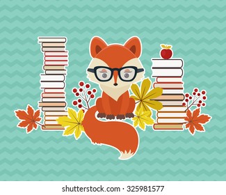 Smart fox in glasses with many books and autumn leaves. Eps 10