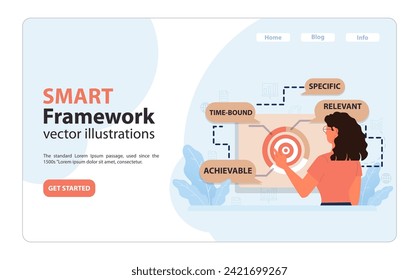 SMART Framework concept. Woman presenting the key elements: Specific, Relevant, Achievable, Time-bound. Setting strategic objectives. Target focus. Goal setting clarity. Flat vector illustration.