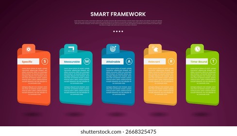 Modelo de infográfico de estrutura SMART com pasta grande e estilo de fundo escuro caixa de cabeçalho redondo com 5 pontos para vetor de apresentação de slides