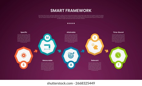 Modelo de infográfico de estrutura SMART com forma hexágono acima e abaixo estilo de fundo escuro com 5 pontos para vetor de apresentação de slides