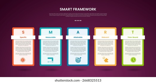 SMART Framework Infografik Vorlage mit Umrissbox Tabelle dunklen Hintergrund Stil mit 5 Punkt Folie Präsentation Vektor
