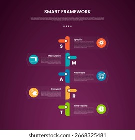 SMART framework infographic template with vertical timeline style with circle and transparent box dark background style with 5 point for slide presentation vector