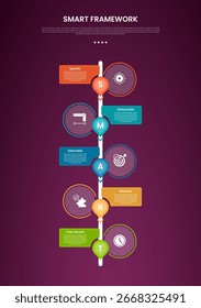 SMART framework infographic template with vertical timeline and outline circle opposite direction dark background style with 5 point for slide presentation vector
