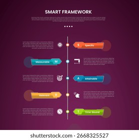 SMART framework infographic template with vertical timeline style with arrow rectangle shape dark background style with 5 point for slide presentation vector