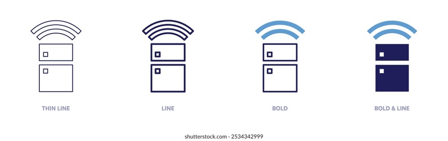 Icono de nevera inteligente en 4 estilos diferentes. Línea delgada, línea, negrita y línea negrita. Estilo duotono. Trazo editable.