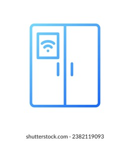 Smart fridge pixel perfect gradient linear vector icon. Kitchen appliance. Food storage. Internet of things. Thin line color symbol. Modern style pictogram. Vector isolated outline drawing