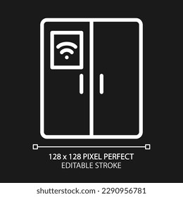 Smart fridge pixel perfect white linear icon for dark theme. Kitchen appliance. Food storage. Internet of things. Thin line illustration. Isolated symbol for night mode. Editable stroke