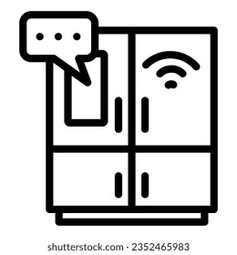 Frigorífico inteligente con icono de línea de pantalla, símbolo de hogar inteligente, señal vectorial de los electrodomésticos de control remoto en fondo blanco, controlado con contorno de icono. Gráficos vectoriales.