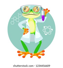 Smart frog chemist. Study children profession. Baby vector illustration. Cartoon character.