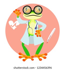 Smart frog doctor. Study children profession. Baby vector illustration. Cartoon character.