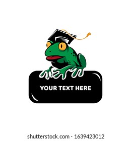 Smart Frog with Graduation Hat and Free Space Text Logo Vector Icon Illustration