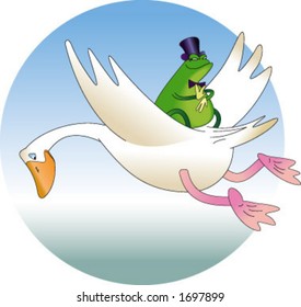 A smart frog traveling by a duck.