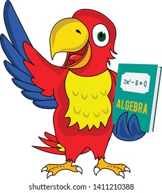 smart funny geek cartoon character parrot presenting holding algebra book