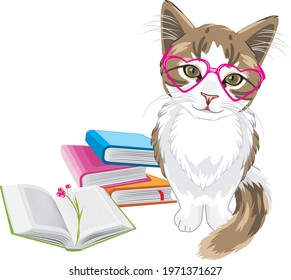 Smart funny kitten with books. Vector