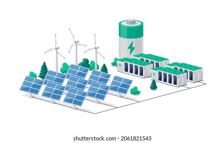 Smart Future Renewable Green Power Plant With Electric Solar Panel Wind And Li-ion Electricity Grid. Clean Sustainable Battery Energy Storage Industry. Isolated Vector Illustration On White Background
