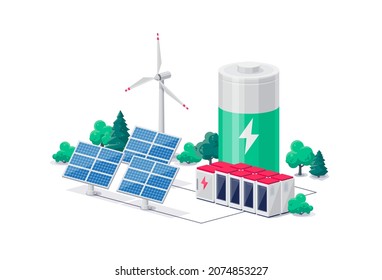 Smart future renewable green power plant with electric solar panel wind and li-ion battery energy storage. Clean sustainable electricity grid industry. Isolated vector illustration on white background