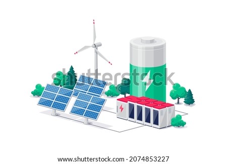 Smart future renewable green power plant with electric solar panel wind and li-ion battery energy storage. Clean sustainable electricity grid industry. Isolated vector illustration on white background