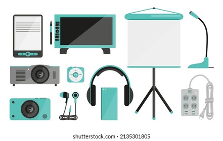 Smart gadget broadcast image music text flat set. Ebook camera headphone mp3 graphic tablet projector screen extension cord outlet microphone. Concept small modern appliances handheld isolated