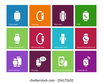 Smart gadget on hand icons on color background. Vector illustration.