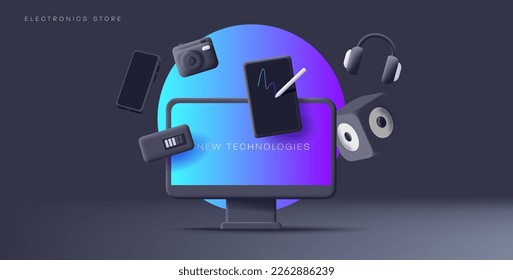 Smart gadgets electronics 3d render composition desktop and tablet music box   photo camera around it  black backdrop and blue circle