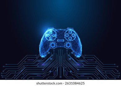 Smart gaming and digital entertainment concept with glowing polygonal video game controller connected to circuit board on dark blue background. Futuristic low poly style, abstract vector illustration.