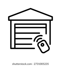 Puerta de garaje inteligente con control remoto, icono lineal. Puerta automática, sistema de seguridad, control de entrada y transmisor inalámbrico.