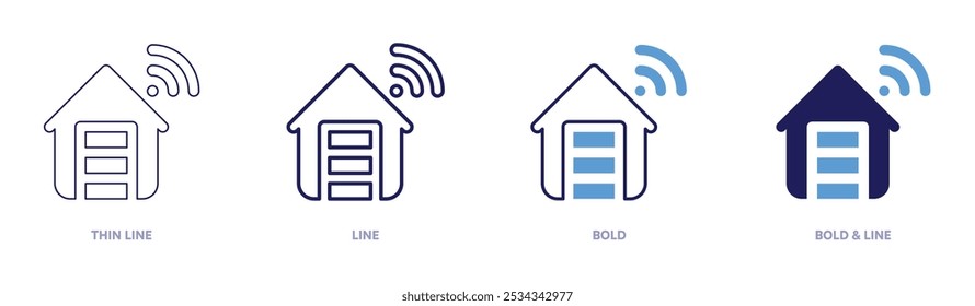 Icono de garaje inteligente en 4 estilos diferentes. Línea delgada, línea, negrita y línea negrita. Estilo duotono. Trazo editable.