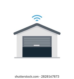 Smart garage with open automatic shutter door and Wi-Fi wireless signal vector illustration isolated on white background.