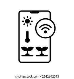 Smart garden app icon on smartphone to set watering, temperature and fertilization in black solid style