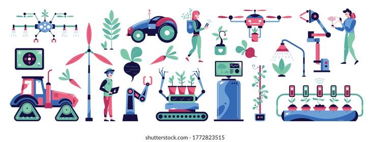 Conjunto horizontal de jardín inteligente con símbolos de tecnología ilustración vectorial aislada plana