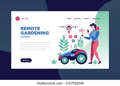 Smart garden page design with remote gardening symbols flat vector illustration