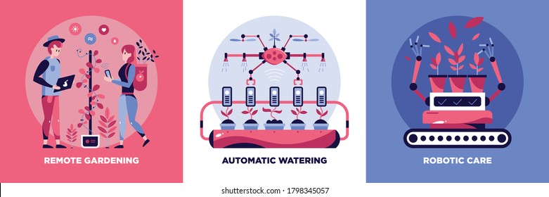 Smart garden vertical banners set with robotic care symbols flat isolated vector illustration