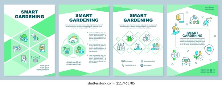 Smart gardening green brochure template. Automated systems. Leaflet design with linear icons. 4 vector layouts for presentation, annual reports. Arial-Black, Myriad Pro-Regular fonts used
