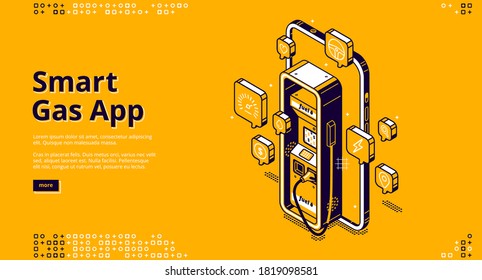 Smart gas app banner. Digital service for control of fuel in car. Vector landing page of mobile phone application for refilling automotive by petrol or gas with isometric illustration of smartphone
