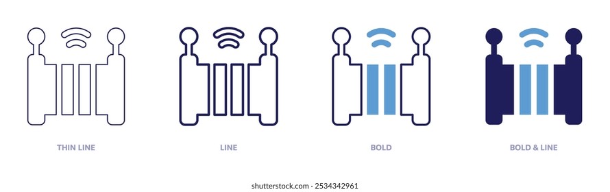 Icono de puerta inteligente en 4 estilos diferentes. Línea delgada, línea, negrita y línea negrita. Estilo duotono. Trazo editable.