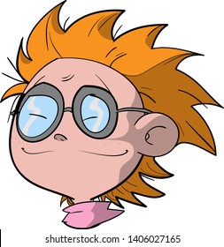 Smart geek nerd kid face with glasses, hand drawn vector cartoon illustration