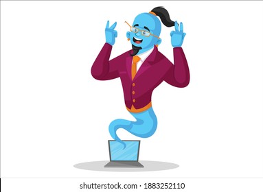 Smart genie is coming out from laptop  Vector graphic illustration  Individually white background 