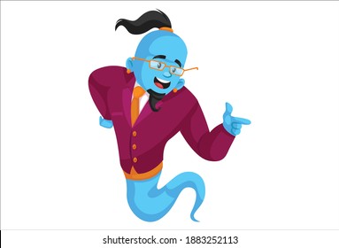 Smart genie is happy   pointing and finger  Vector graphic illustration  Individually white background 