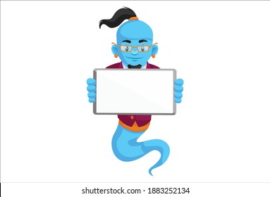 Smart genie is holding a banner in hand. Vector graphic illustration. Individually on a white background.