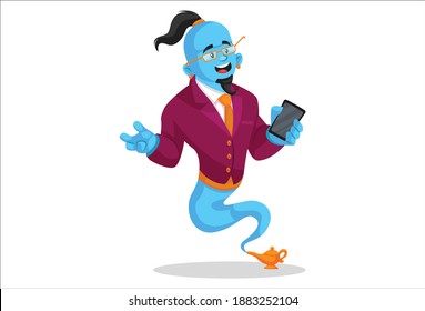 Smart genie is holding mobile phone  Vector graphic illustration  Individually white background 