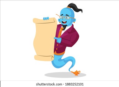 Smart genie is reading wish list  Vector graphic illustration  Individually white background 