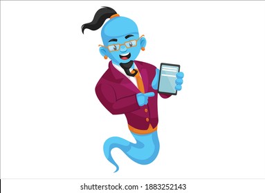 Smart genie is showing mobile phone  Vector graphic illustration  Individually white background 
