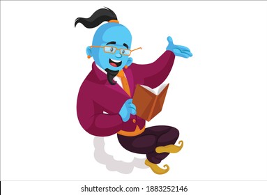 Smart genie is sitting on the cloud and reading a book. Vector graphic illustration. Individually on a white background.