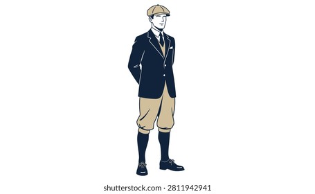 Smart gentleman dressed in vintage golf clothes or knickerbockers standing with hands behind his back.