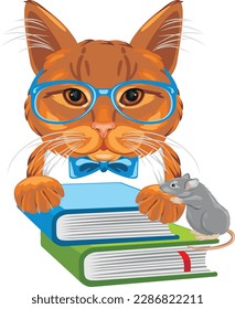 Smart ginger cat with books and funny mouse. Vector
